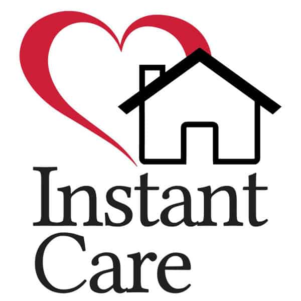 Instant Care Logo; black serif font with red heart behind house icon