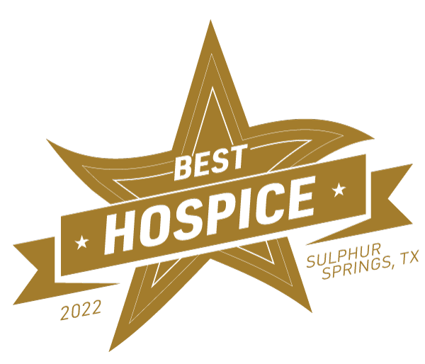 angled star with banner: voted best hospice 2022 Sulphur Springs, Texas