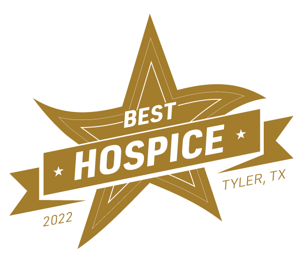 angled star with banner: voted best hospice 2022 Tyler, Texas